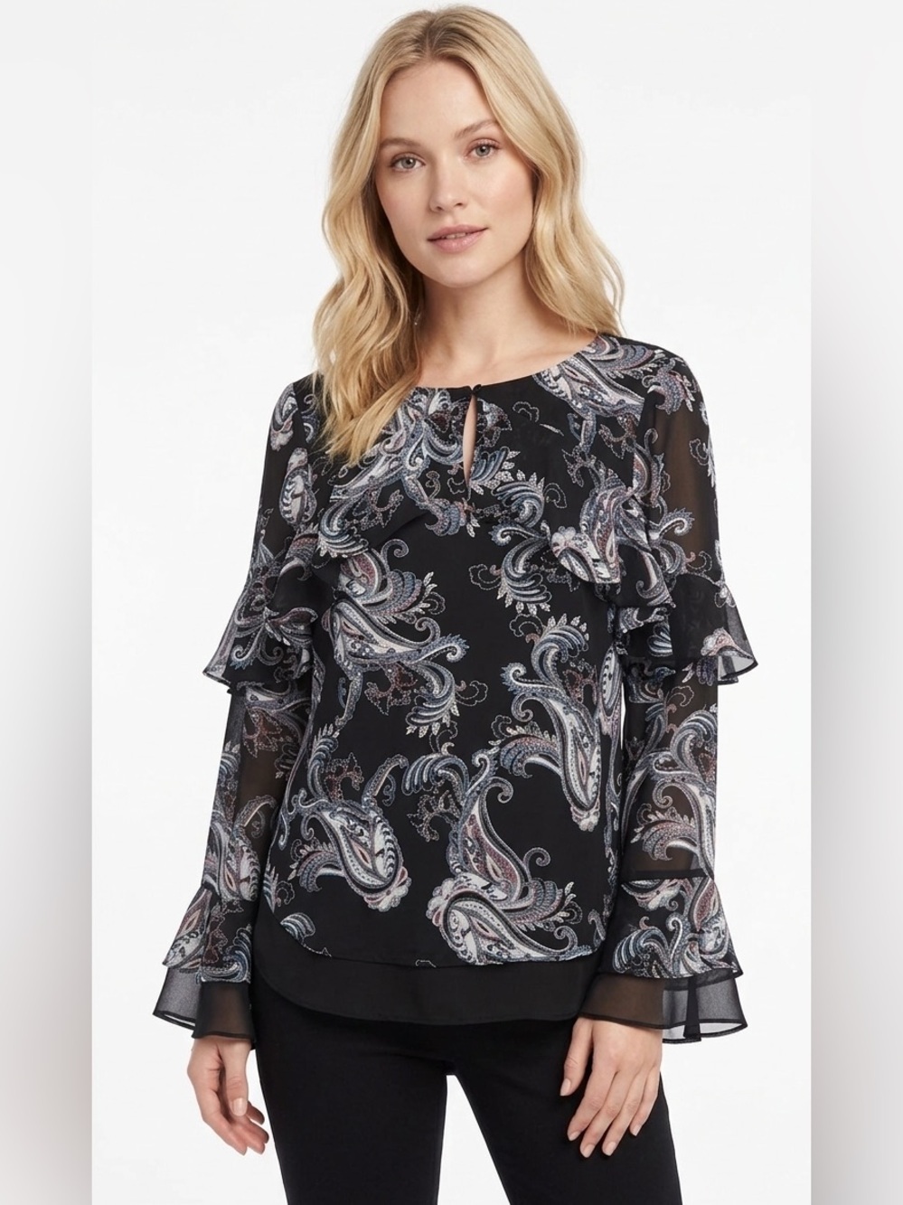 White House Black Market Paisley Ruffle Blouse Size 6